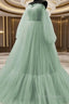 Light Green Puffy Sleeves Tulle Long Formal Dress, Light Green Formal Prom Dress