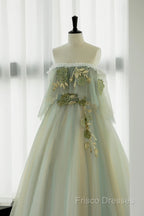 Light Green Scoop Off Shoulder A-Line Tulle Formal Prom Dress, Light Green Formal Dress