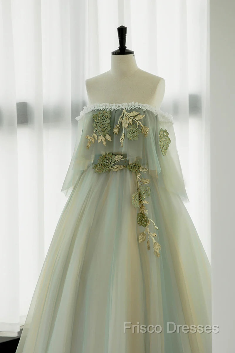 Light Green Scoop Off Shoulder A-Line Tulle Formal Prom Dress, Light Green Formal Dress