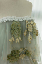 Light Green Scoop Off Shoulder A-Line Tulle Formal Prom Dress, Light Green Formal Dress