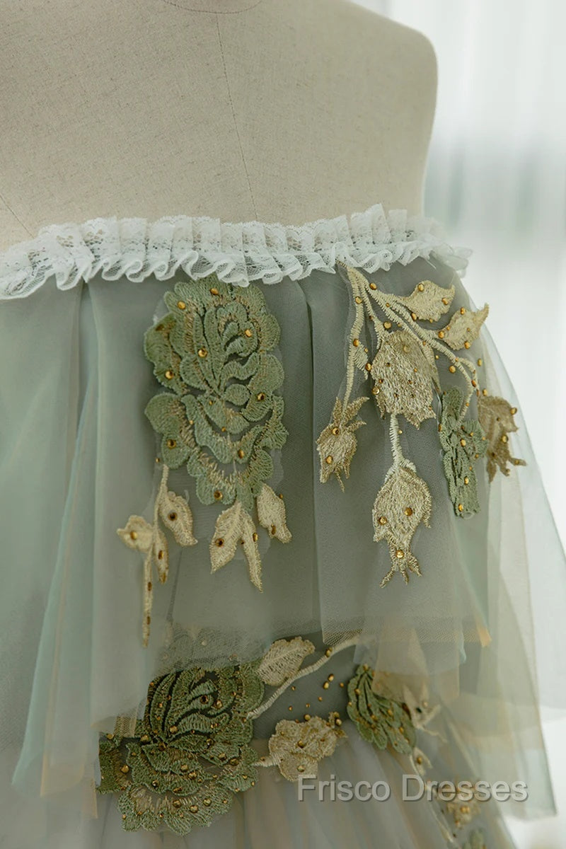 Light Green Scoop Off Shoulder A-Line Tulle Formal Prom Dress, Light Green Formal Dress