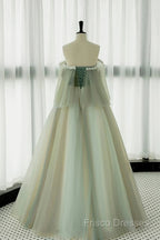 Light Green Scoop Off Shoulder A-Line Tulle Formal Prom Dress, Light Green Formal Dress
