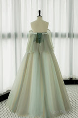 Light Green Scoop Off Shoulder A-Line Tulle Prom Dress, Light Green Evening Dress