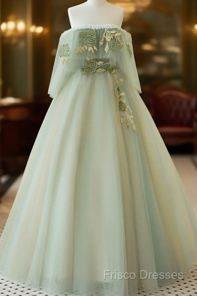 Light Green Scoop Off Shoulder A-Line Tulle Formal Prom Dress, Light Green Formal Dress Main image