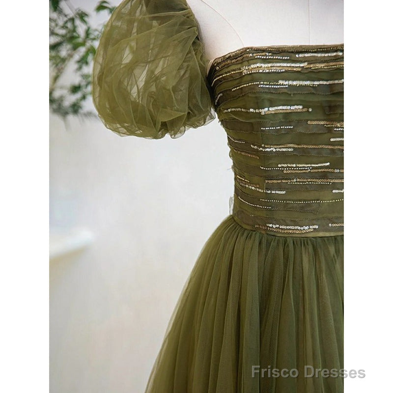Light Green Short Sleeves Tulle Sequins Long Junior Prom Dress, Green Party Dresses Secondary image