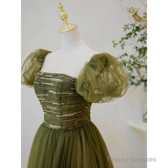 Light Green Short Sleeves Tulle Sequins Long Junior Prom Dress, Green Party Dresses