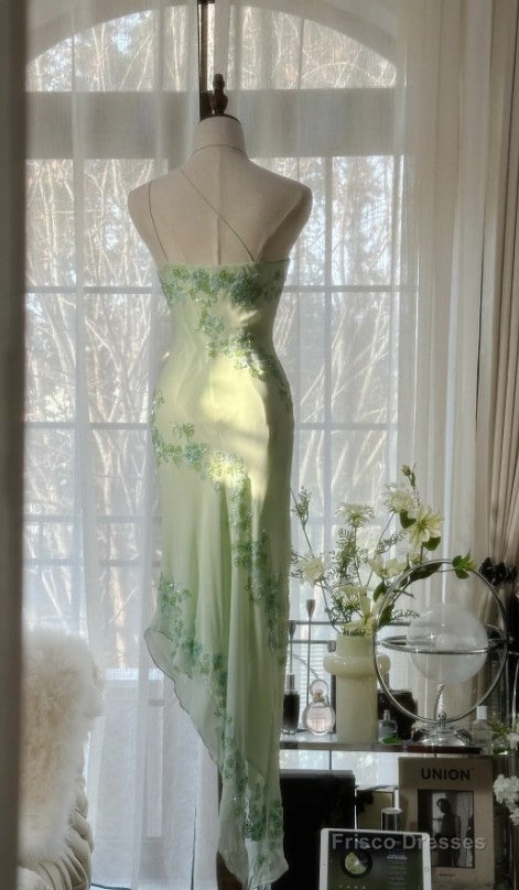 Light Green Simple Bodycon Dress One Shoulder Chiffon Applique Beaded Prom Dress Secondary image
