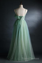 Light Green Straps Tulle Floor Length A-Line Formal Prom Dress, Tulle Scoop Party Dress Formal Dress
