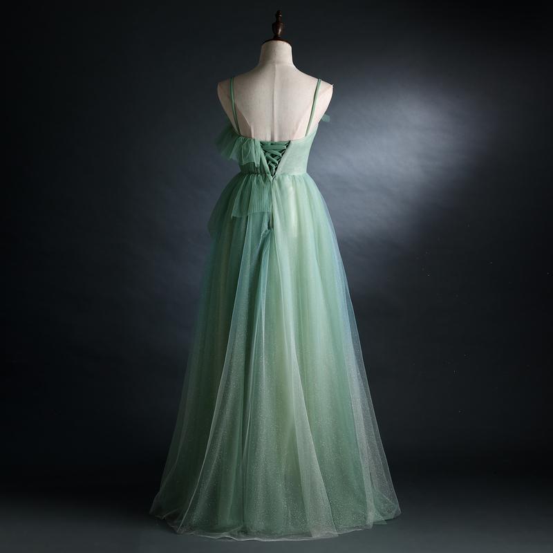 Light Green Straps Tulle Floor Length A-Line Prom Dress, Tulle Scoop Party Dress Formal Dress
