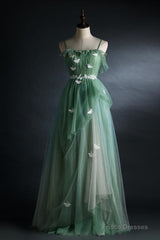 Light Green Straps Tulle Floor Length A-Line Prom Dress, Tulle Scoop Party Dress Formal Dress