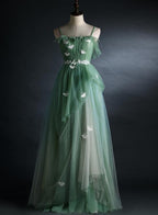 Light Green Straps Tulle Floor Length A-Line Prom Dress, Tulle Scoop Party Dress Formal Dress