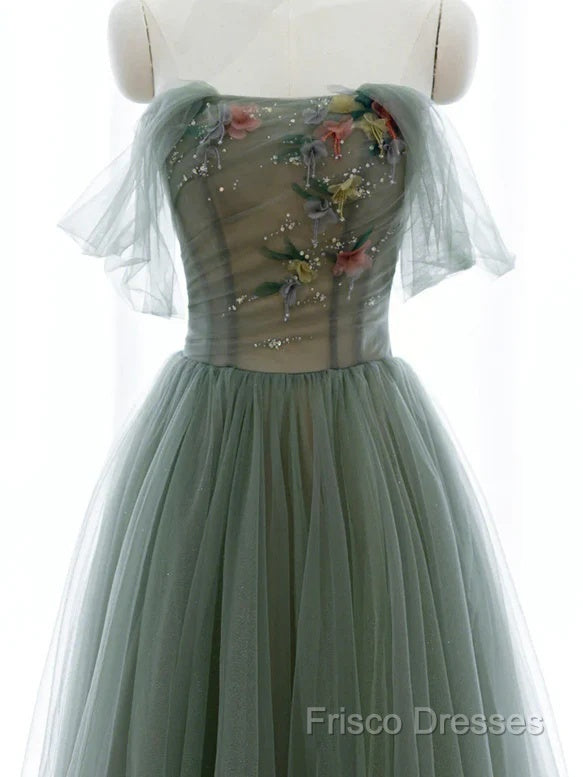 Light Green Sweetheart A-Line Formal Prom Dress, Green Long Party Dress With Lace Applique