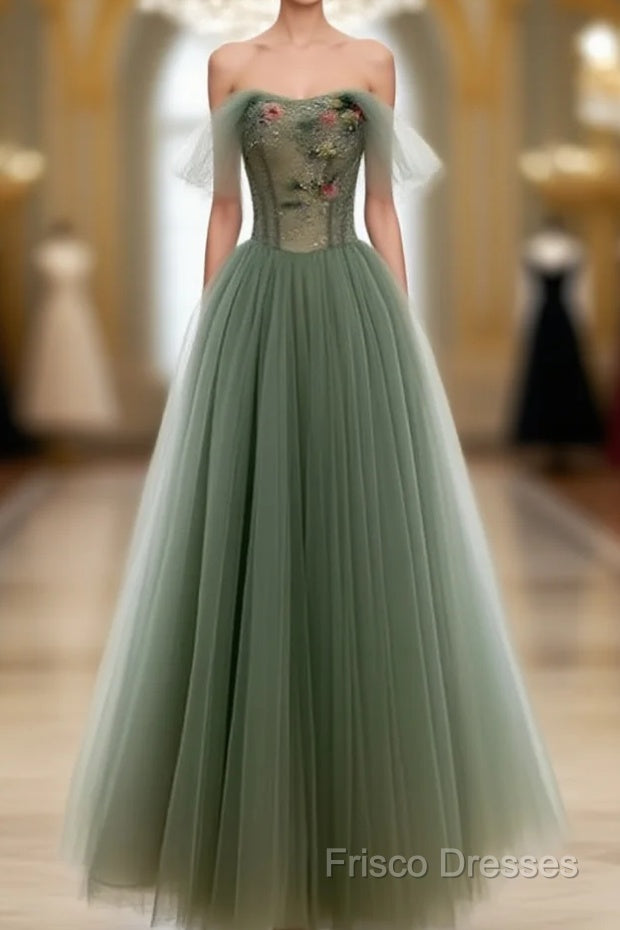 Light Green Sweetheart A-Line Formal Prom Dress, Green Long Party Dress With Lace Applique Main image