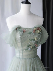 Light Green Sweetheart Beaded And Flowers Party Dress, Tulle Green Formal Dress