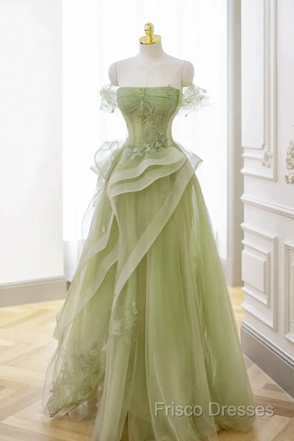 Light Green Sweetheart Beaded Off Shoulder Party Dress, Light Green Tulle Formal Prom Dress Secondary image