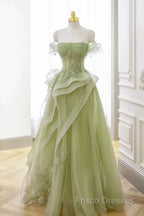 Light Green Sweetheart Beaded Off Shoulder Party Dress, Light Green Tulle Formal Prom Dress