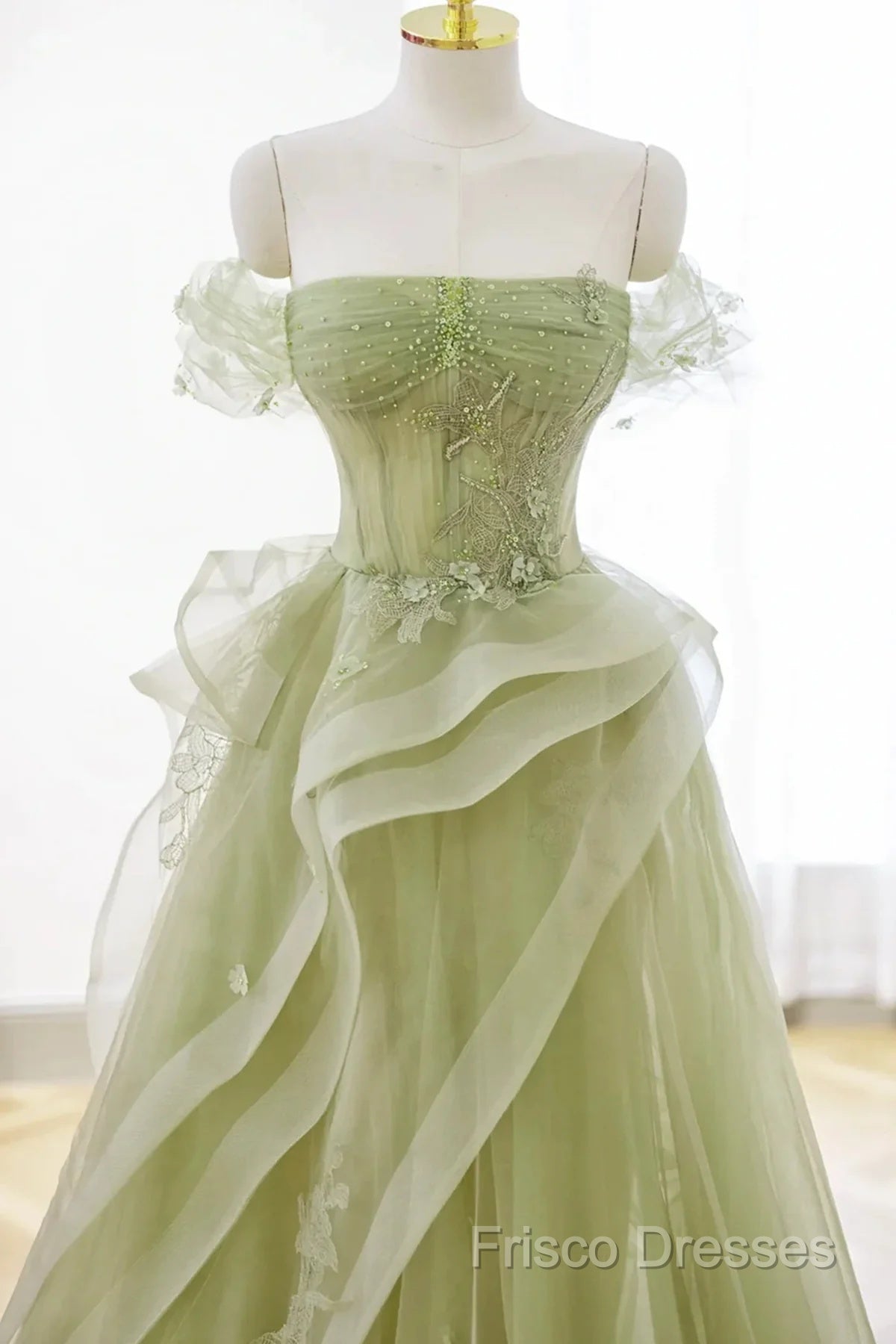 Light Green Sweetheart Beaded Off Shoulder Party Dress, Light Green Tulle Formal Prom Dress