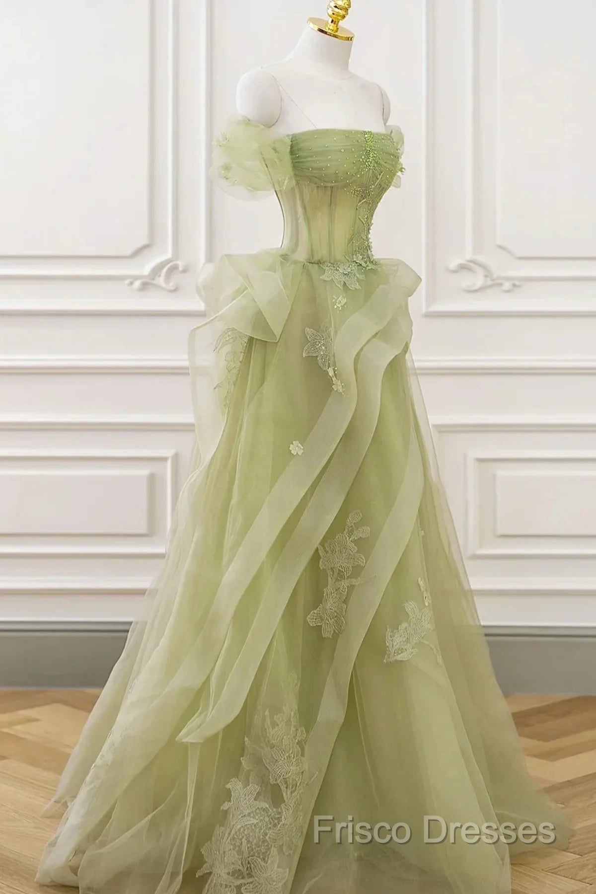 Light Green Sweetheart Beaded Off Shoulder Party Dress, Light Green Tulle Formal Prom Dress