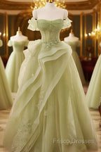 Light Green Sweetheart Beaded Off Shoulder Party Dress, Light Green Tulle Formal Prom Dress