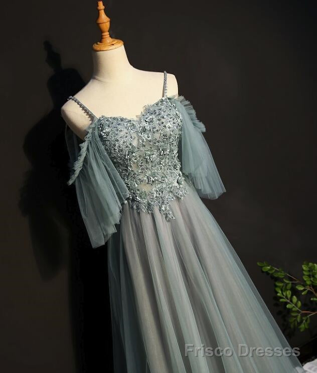 Light Green Tulle A-line Off Shoulder Party Dress, Long Prom Dress Secondary image