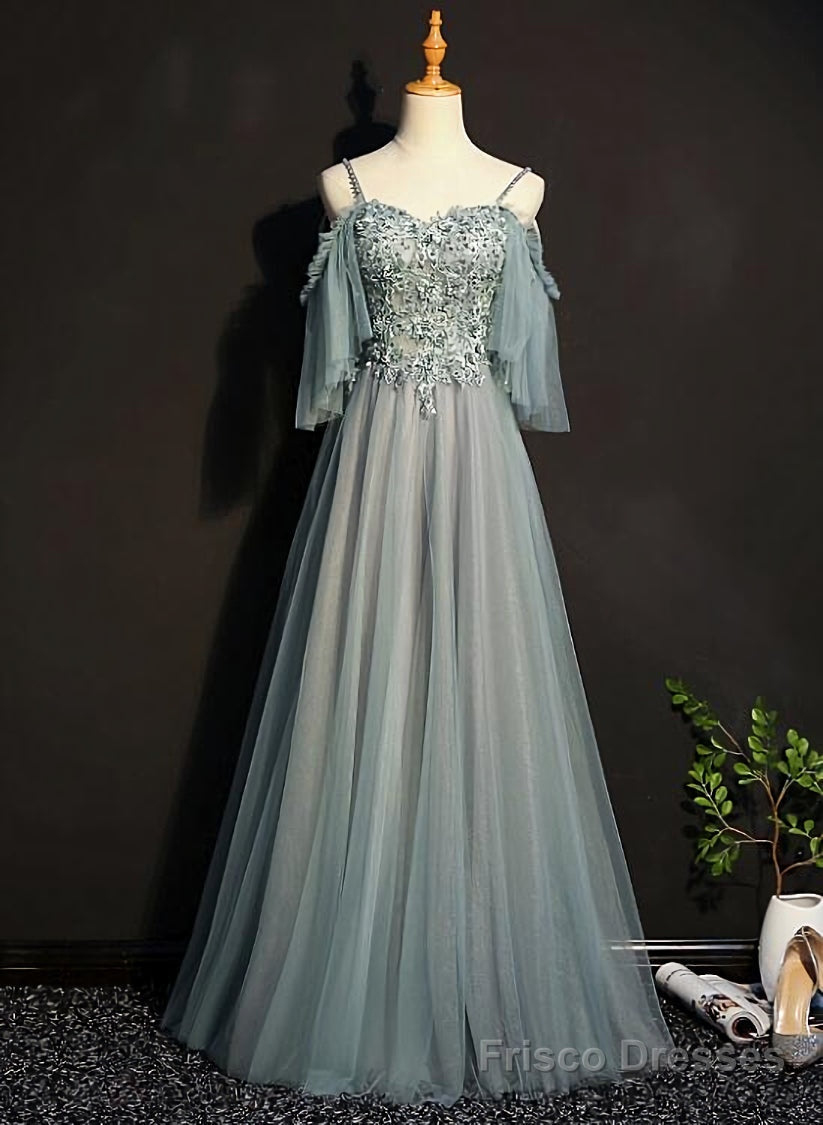 Light Green Tulle A-line Off Shoulder Party Dress, Long Prom Dress Main image