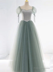 Light Green Tulle And Satin Beaded Long Prom Dress, A-Line Tulle Formal Dress