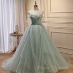 Light Green Tulle Beaded Ball Gown Off Shoulder Party Dress, Green Sweet 16 Dress