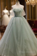 Light Green Tulle Beaded Ball Gown Off Shoulder Party Dress, Green Sweet 16 Dress