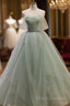 Light Green Tulle Beaded Ball Gown Off Shoulder Party Dress, Green Sweet 16 Dress