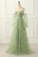Light Green Tulle Floral Sleeves Long Party Dress, A-Line Light Green Formal Prom Dress