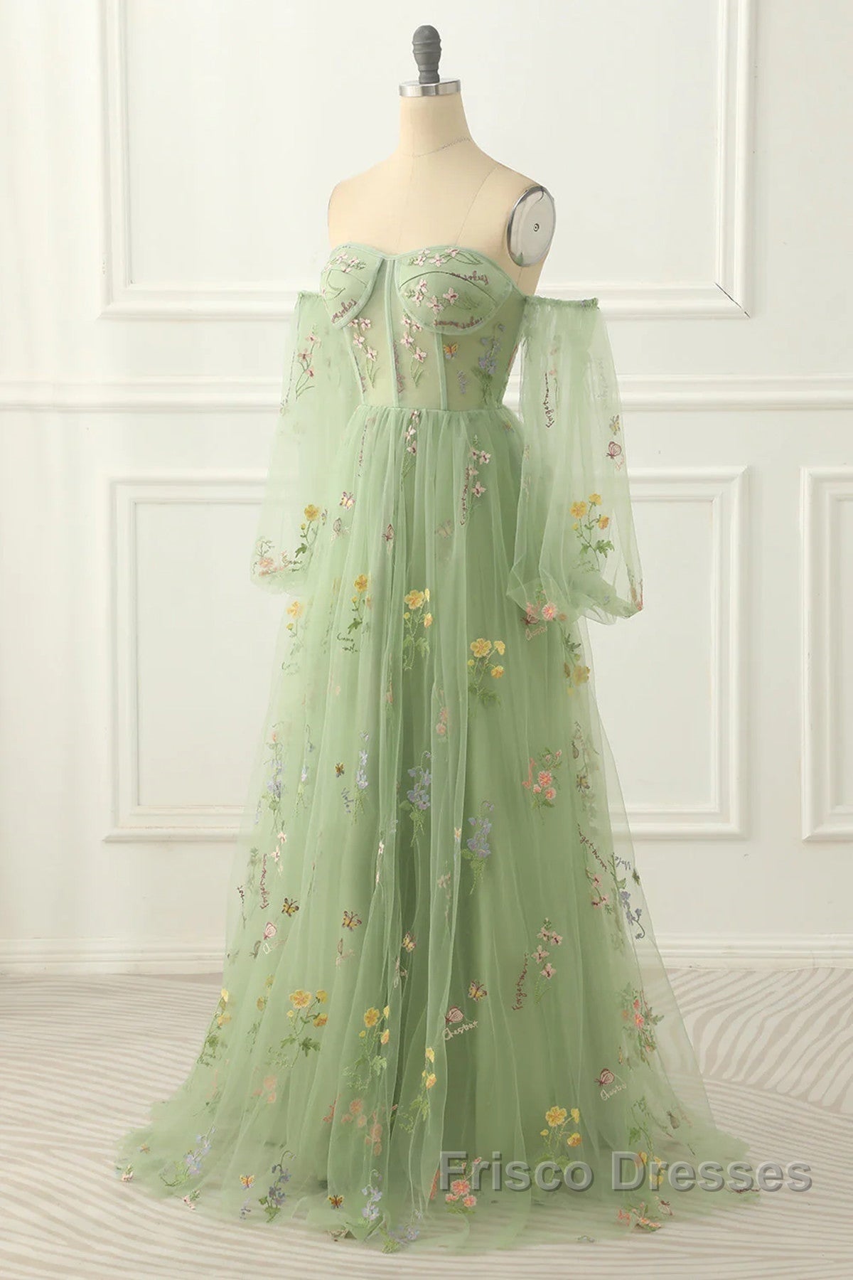 Light Green Tulle Floral Sleeves Long Party Dress, A-Line Light Green Formal Prom Dress