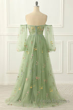 Light Green Tulle Floral Sleeves Long Party Dress, A-Line Light Green Formal Prom Dress