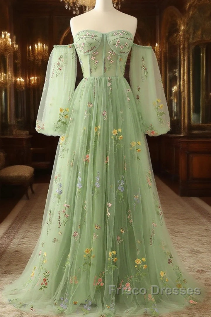 Light Green Tulle Floral Sleeves Long Party Dress, A-Line Light Green Formal Prom Dress Main image