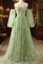 Light Green Tulle Floral Sleeves Long Party Dress, A-Line Light Green Formal Prom Dress