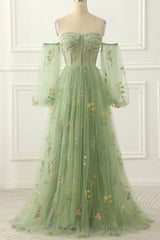 Light Green Tulle Floral Sleeves Long Party Dress, A-Line Light Green Prom Dress