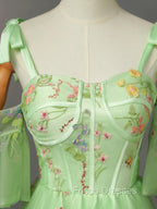 Light Green Tulle Floral Straps Long Formal Dress, Light Green Formal Prom Dress