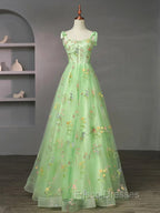 Light Green Tulle Floral Straps Long Formal Dress, Light Green Formal Prom Dress