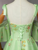 Light Green Tulle Floral Straps Long Formal Dress, Light Green Formal Prom Dress