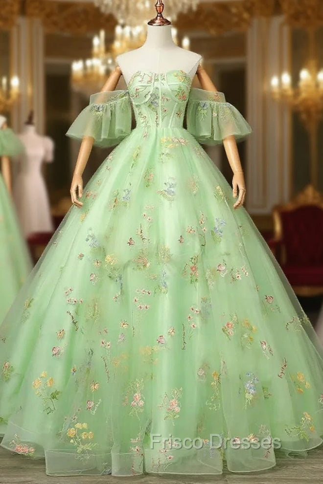 Light Green Tulle Floral Straps Long Formal Dress, Light Green Formal Prom Dress Main image
