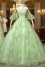 Light Green Tulle Floral Straps Long Formal Dress, Light Green Formal Prom Dress