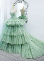Light Green Tulle Layers Low Back Formal Prom Dress, Light Green Sweet 16 Dress