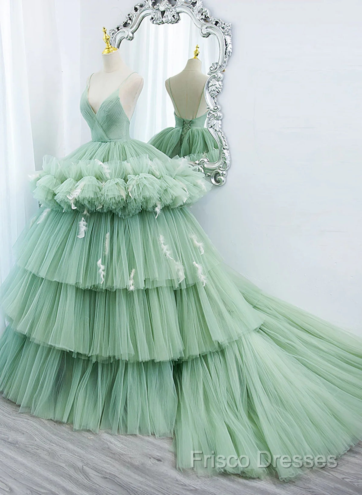 Light Green Tulle Layers Low Back Formal Prom Dress, Light Green Sweet 16 Dress