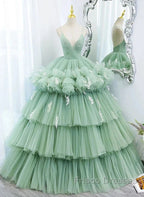 Light Green Tulle Layers Low Back Formal Prom Dress Sweet 16 Dress Quinceanera Dress