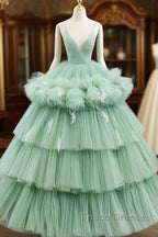 Light Green Tulle Layers Low Back Formal Prom Dress Sweet 16 Dress Quinceanera Dress