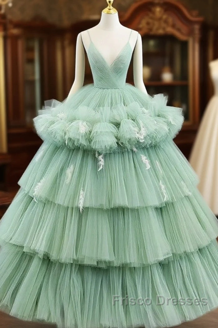 Light Green Tulle Layers Low Back Formal Prom Dress Sweet 16 Dress Quinceanera Dress