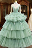 Light Green Tulle Layers Low Back Formal Prom Dress Sweet 16 Dress Quinceanera Dress