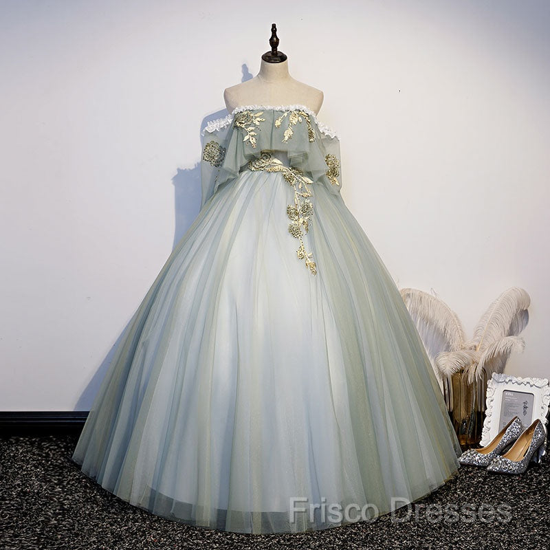 Light Green Tulle Long Party Dress Sweet 16 Dress, Off Shoulder Formal Prom Dress Secondary image