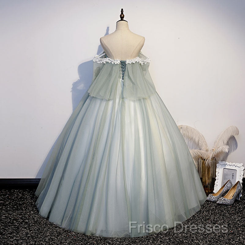 Light Green Tulle Long Party Dress Sweet 16 Dress, Off Shoulder Formal Prom Dress