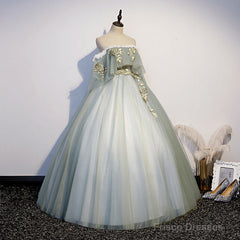 Light Green Tulle Long Party Dress Sweet 16 Dresses, Off Shoulder Prom Dresses