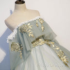Light Green Tulle Long Party Dress Sweet 16 Dress, Off Shoulder Formal Prom Dress
